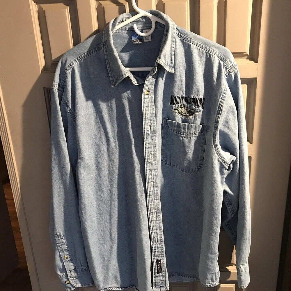 Port & Co Shirt Chambray MSzL Embroidered Mount Rushmore Long Sleeves Pre-Owned